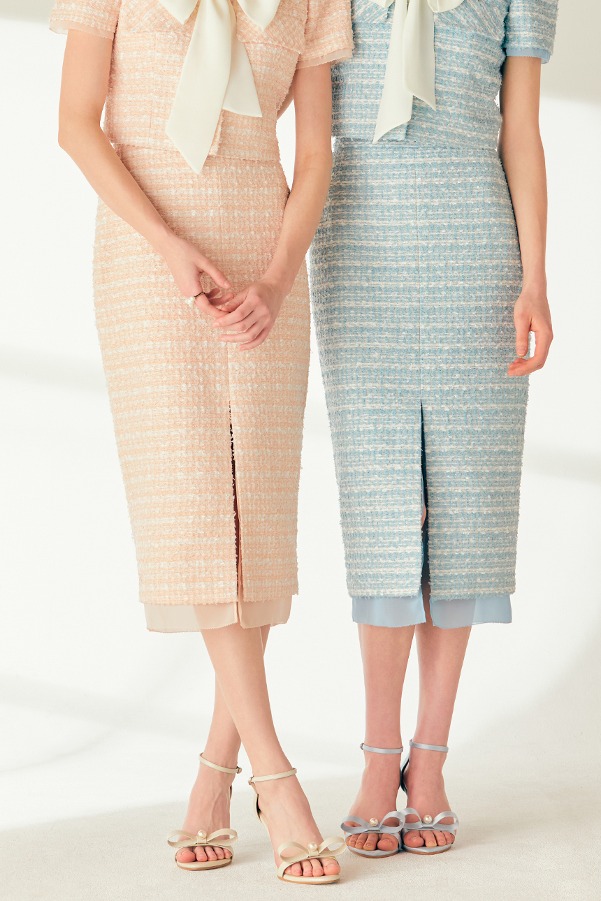 [이나연 착용]TERI Chiffon layered H-line tweed long skirt (Pale coral pink/Minty blue)