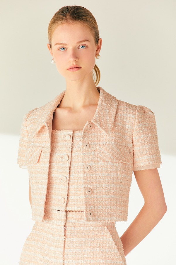 [이나연 착용]MARTHA Tweed cropped bustier vest (Minty blue/Pale coral pink)