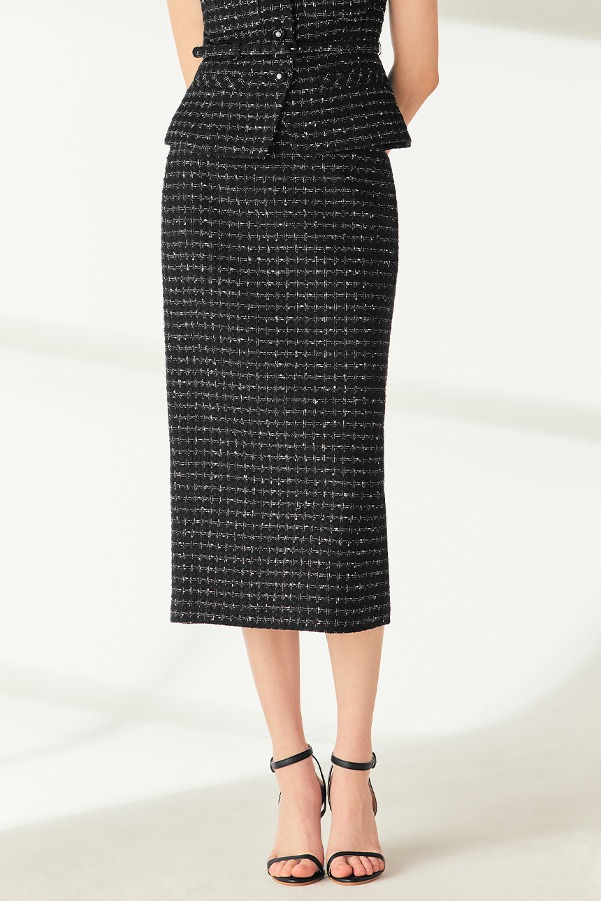 MIRANDA H-line tweed long skirt (Black)