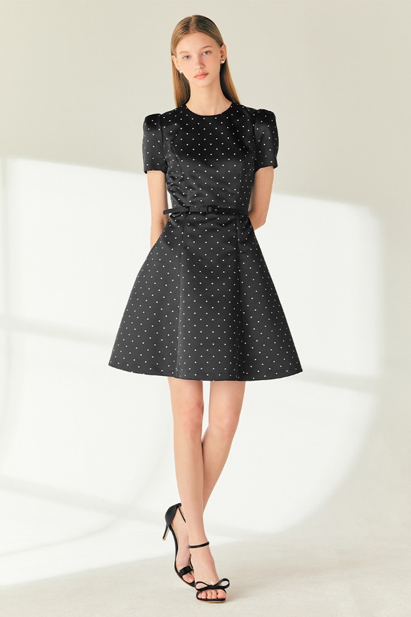 ASPYN Polka-dot Round neck mini dress (Black)