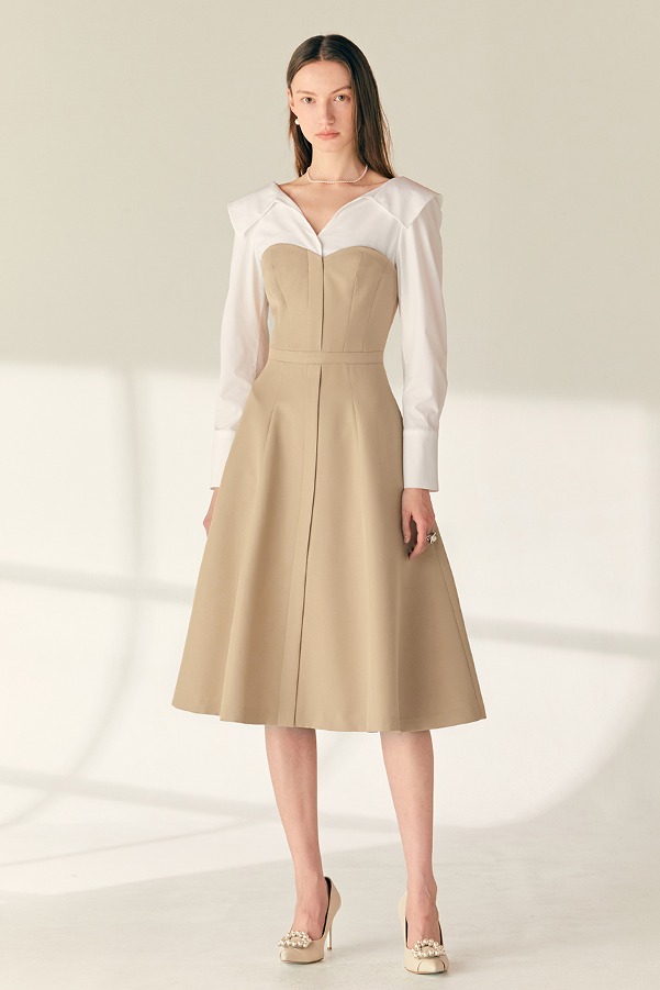 [김연아 착용]BELINDA Shirt layered long-sleeve midi dress (Beige)