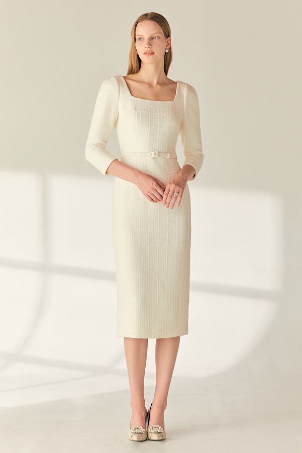 [서현진 착용]COURTNEY Square neck H-line tweed long dress (Ivory)