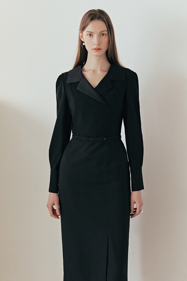 [김효진 착용]ELIZABETH Notched collar pencil dress (Black)