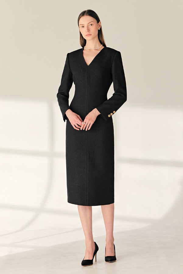 [소이현 착용]MARIN V-neck H-line tweed wool long dress (Black)