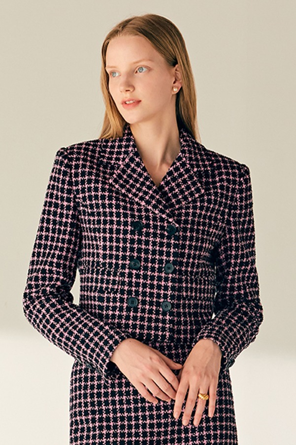 JANICE Notched collar double breasted tweed cropped jacket (Pink)