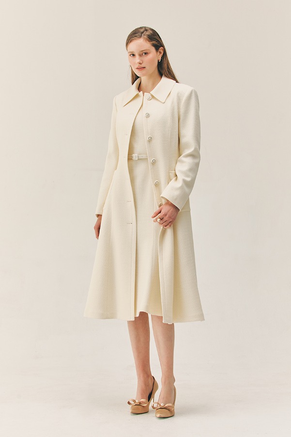 OLIVIA Stand collar A-line tweed coat (Ivory)