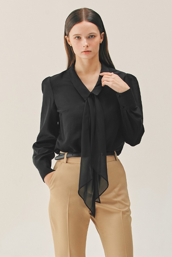 LAUREL Chiffon tie layered blouse (Black)