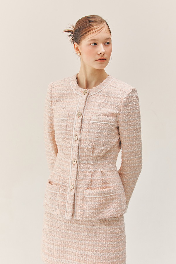 CAMERON Tuck detailed round neck tweed jacket (Pale coral pink)