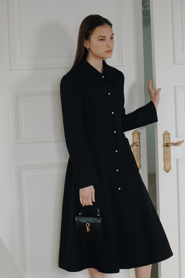 OLIVIA Stand collar A-line tweed coat (Black)