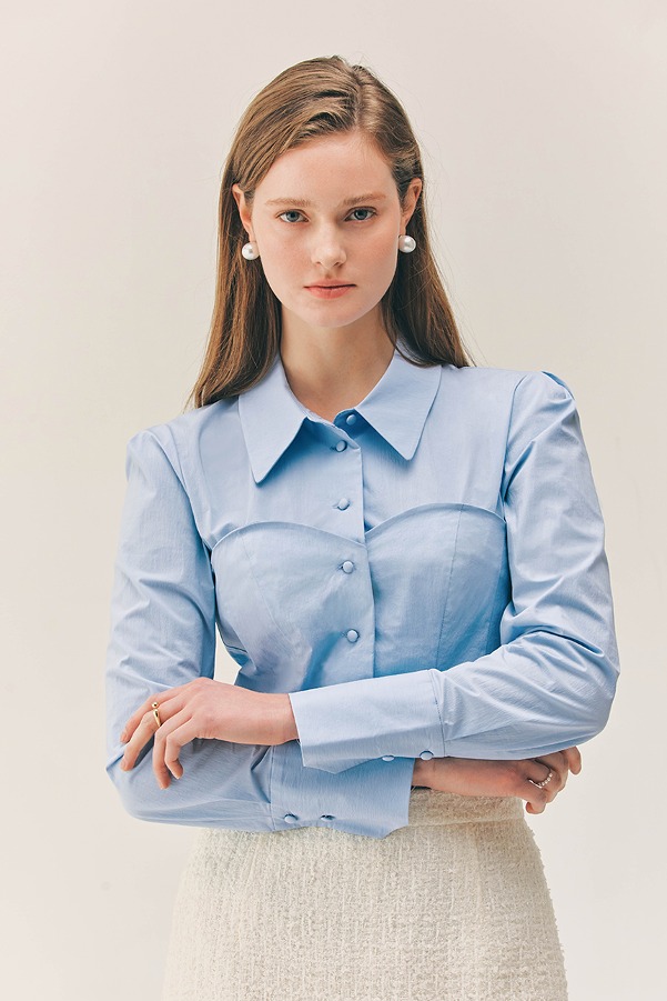 [뉴진스 해린 착용]ZENIA Bustier detailed long sleeve blouse (Light blue)