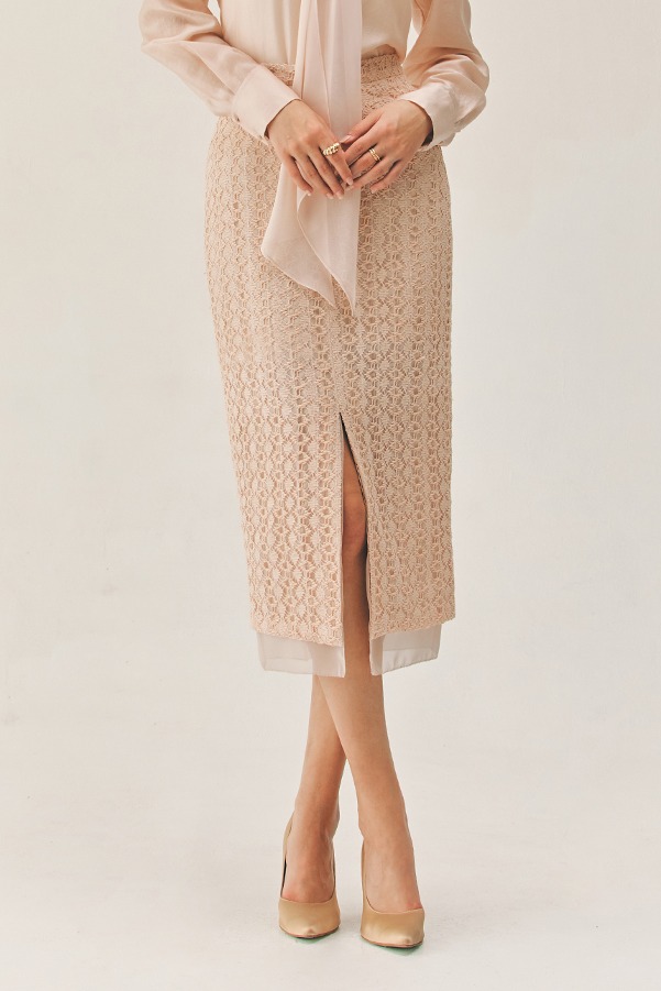 ELDORA Chiffon layered H-line lace long skirt (Peach pink)