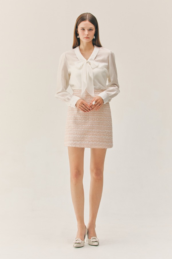 ELSA Semi A-line tweed mini skirt (Pale coral pink)