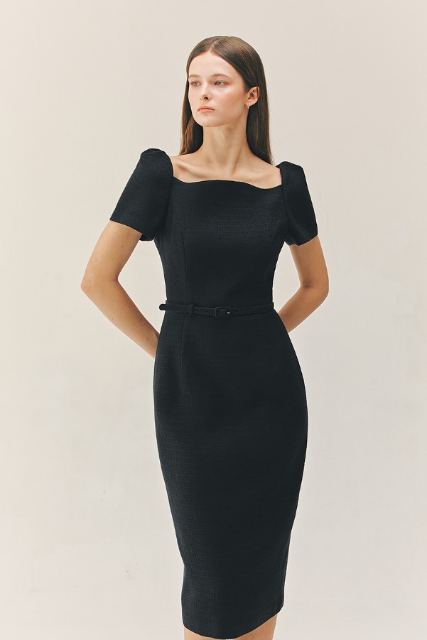 HAVEN Curved neck H-line tweed long dress (Black)