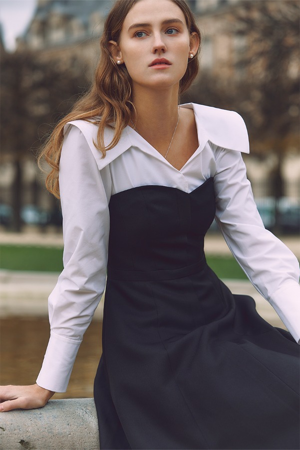 [4/9 예약배송]BELINDA Shirt layered long-sleeve midi dress (Black)
