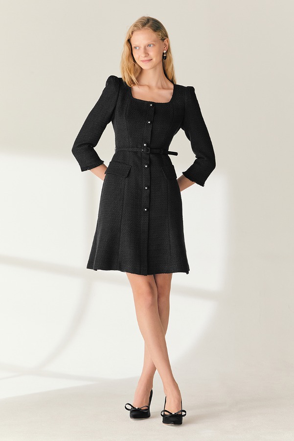 [김소현 착용]MELISSA Square neck three-quarter sleeve tweed mini dress (Black)