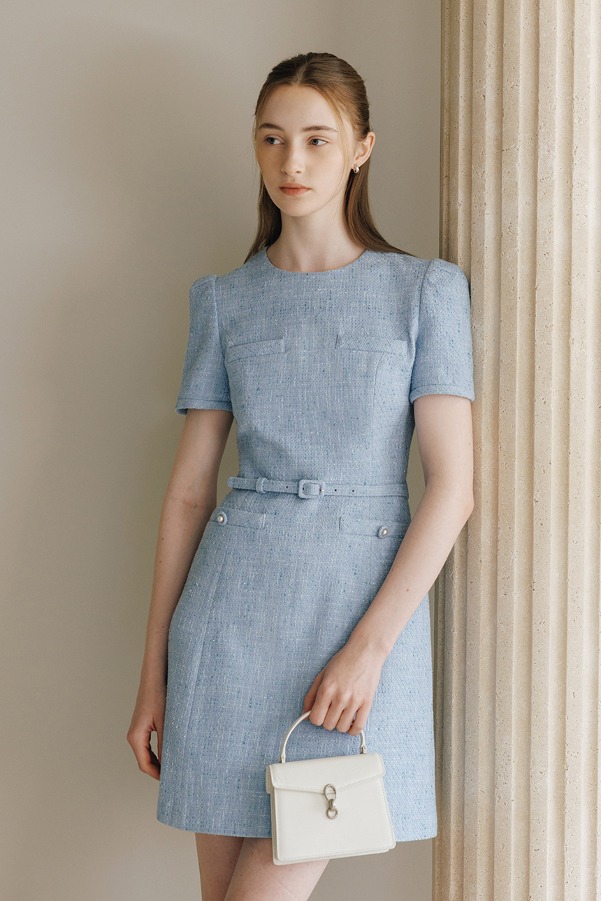 LINDSAY Round neck semi A-line tweed mini dress (Blue)