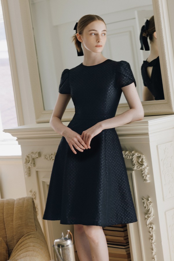 SELINA Silk jacquard flared midi dress (Black)