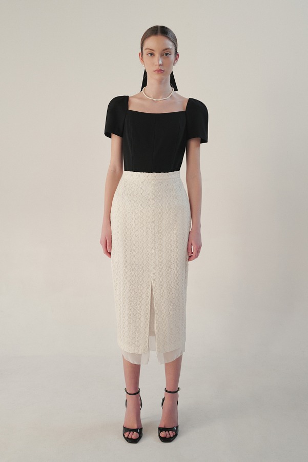 ELDORA Chiffon layered H-line lace long skirt (Ivory)