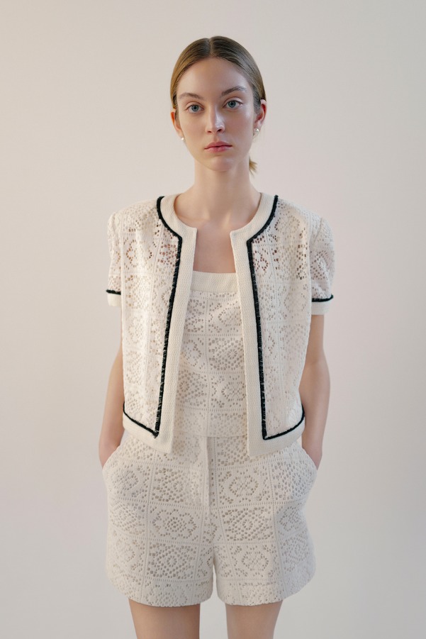 [SET]ELISE Crochet short sleeve jacket + MILLY Crochet bustier + RUTH Crochet shorts (Ivory)