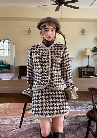 Wake Me Up In Winter Houndstooth Jacket Skirt Set