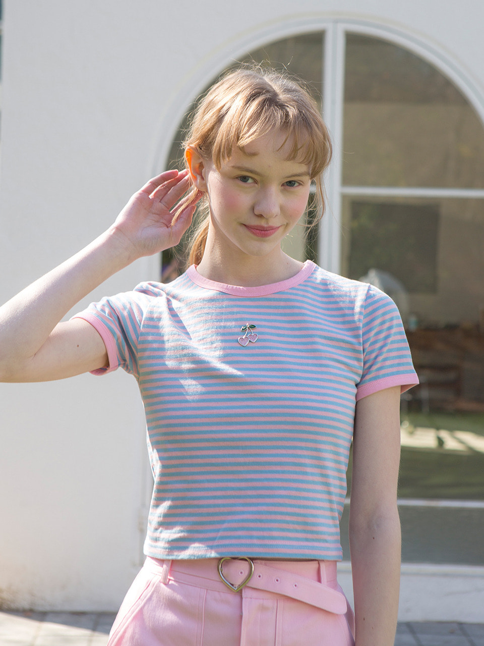 [sold out] 0 4 stripe cherry crop t-shirt - PINK