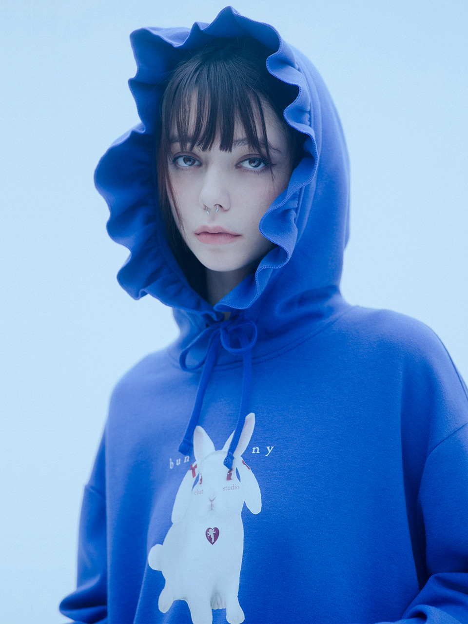 [sold out] 0 7 bunny ruffle hood - BLUE