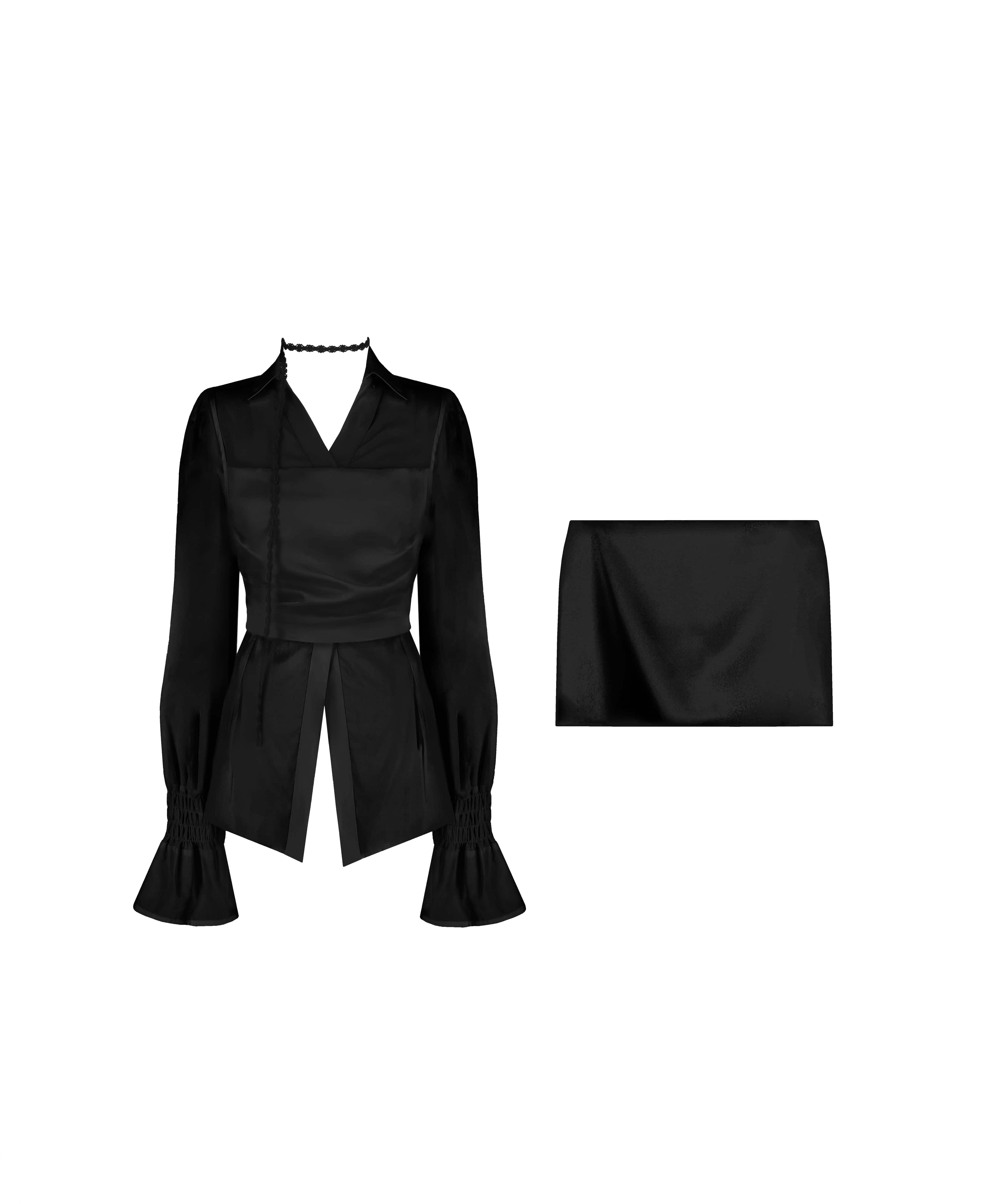 [Pre-order] Soap blouse set + Delight satin skirt / Black