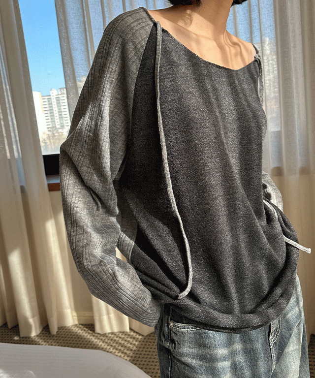 얼린 딥 유넥 스트링 배색 니트 나그랑 긴팔 티셔츠 - 2 color