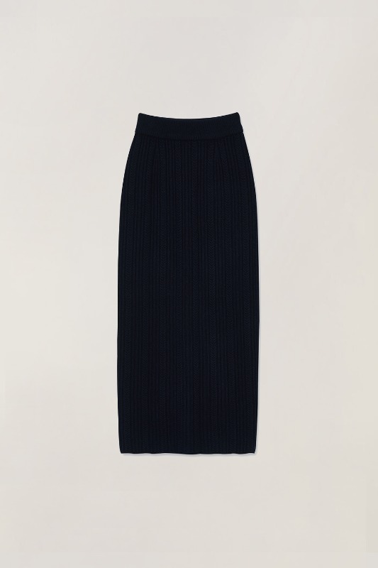 Women Woolcash Cable Slit Skirt_Navy