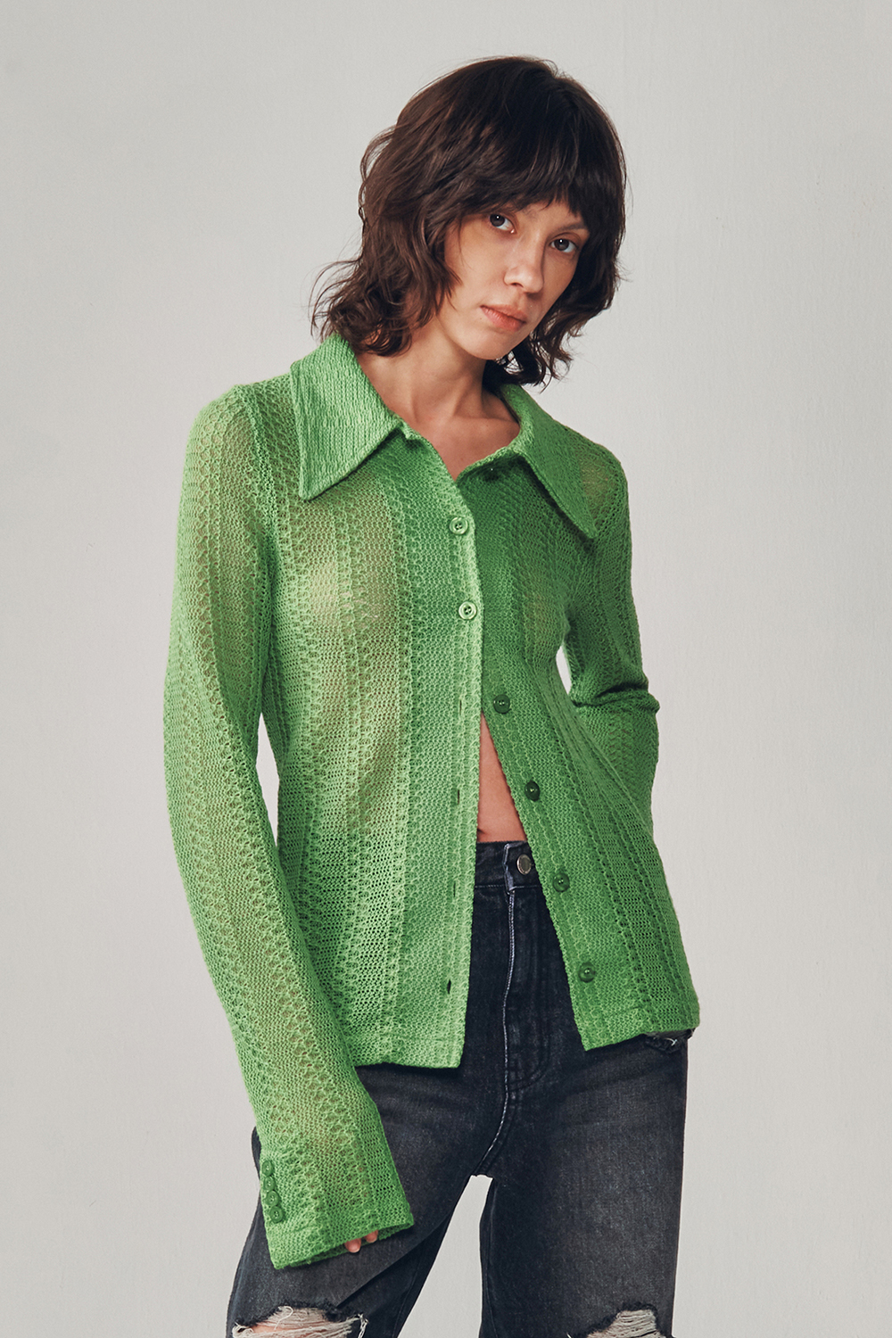 FITTED SHEER JERSEY SHIRT [LIGHT GREEN]		