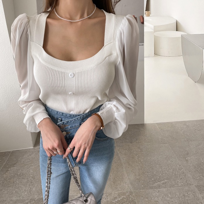 Dabagirl Puff Sleeve Ribbed Knit Top