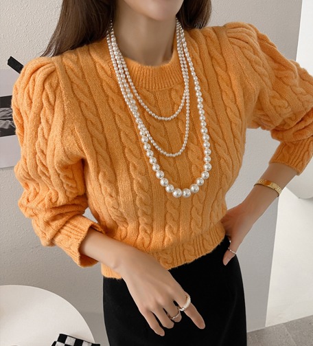 Dabagirl Puff Sleeve Cable Knit Top