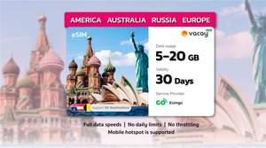 미국 호주 러시아 유럽 5/10/20GB eSIM | 휴가