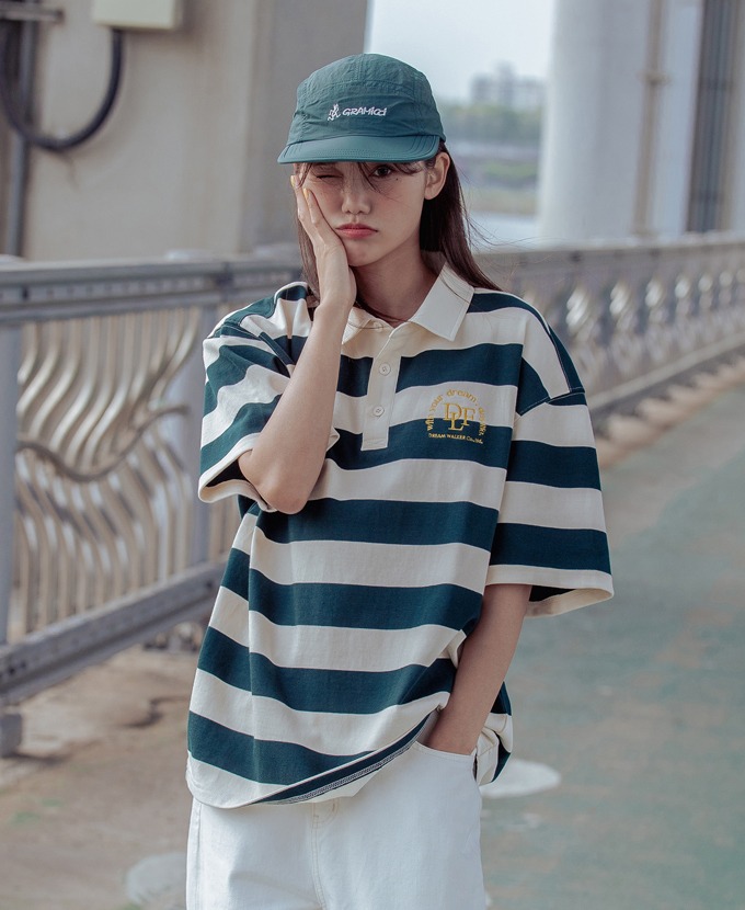DAYLIFE STRIPE RUGBY T-SHIRT (GREEN)