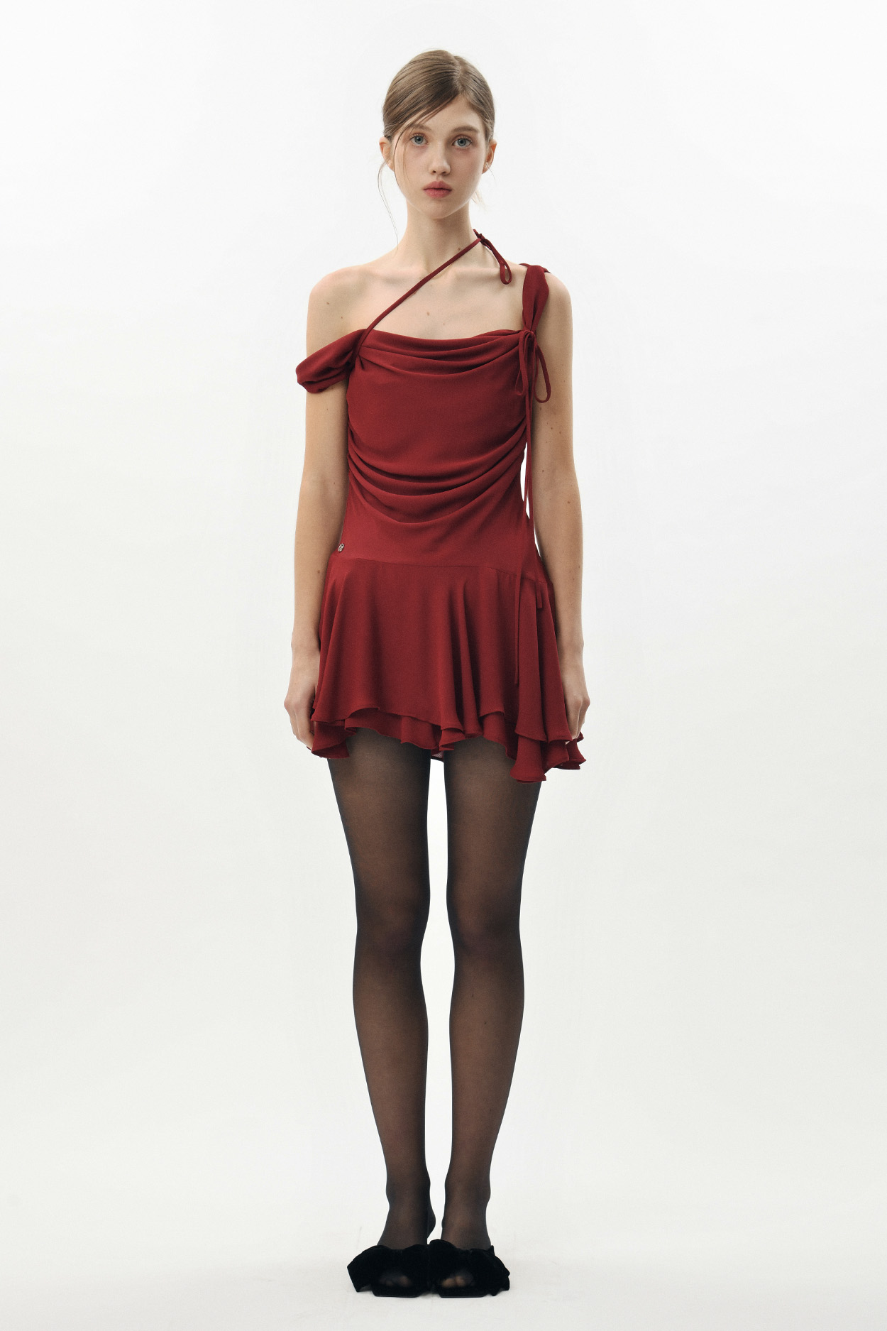 [12/20~] DEW CHIFFON FRILL DRESS dark red