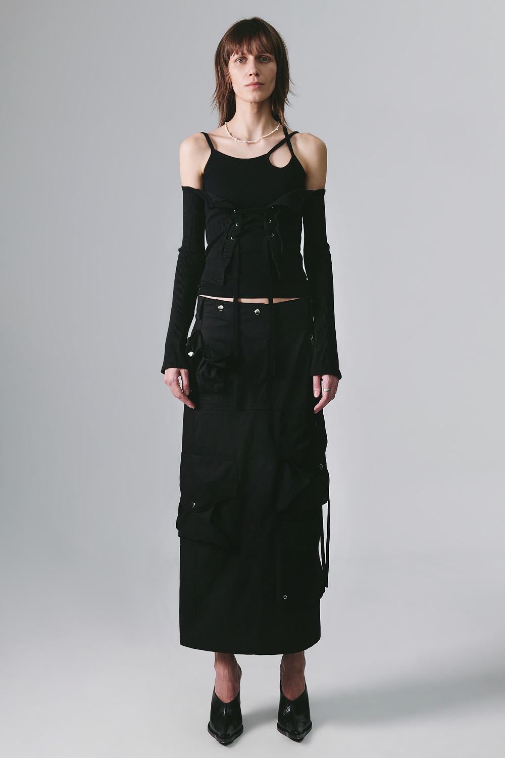 STRAP CARGO MAXI SKIRT BLACK