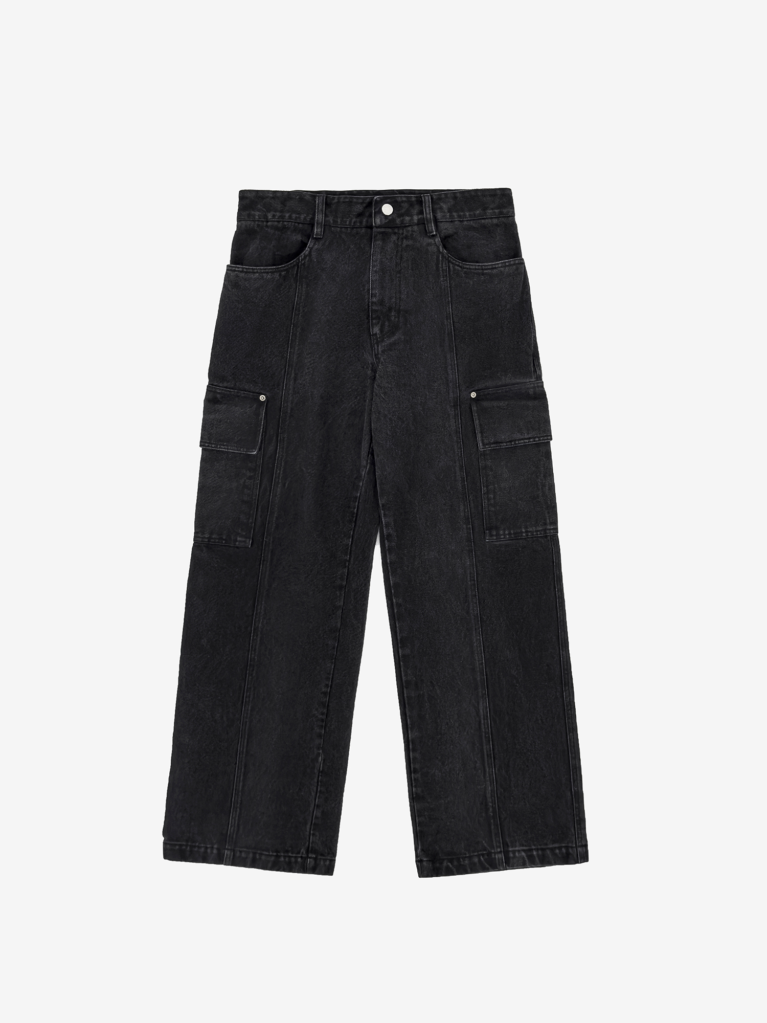 Wide Denim Cargo Pants - Washed Black