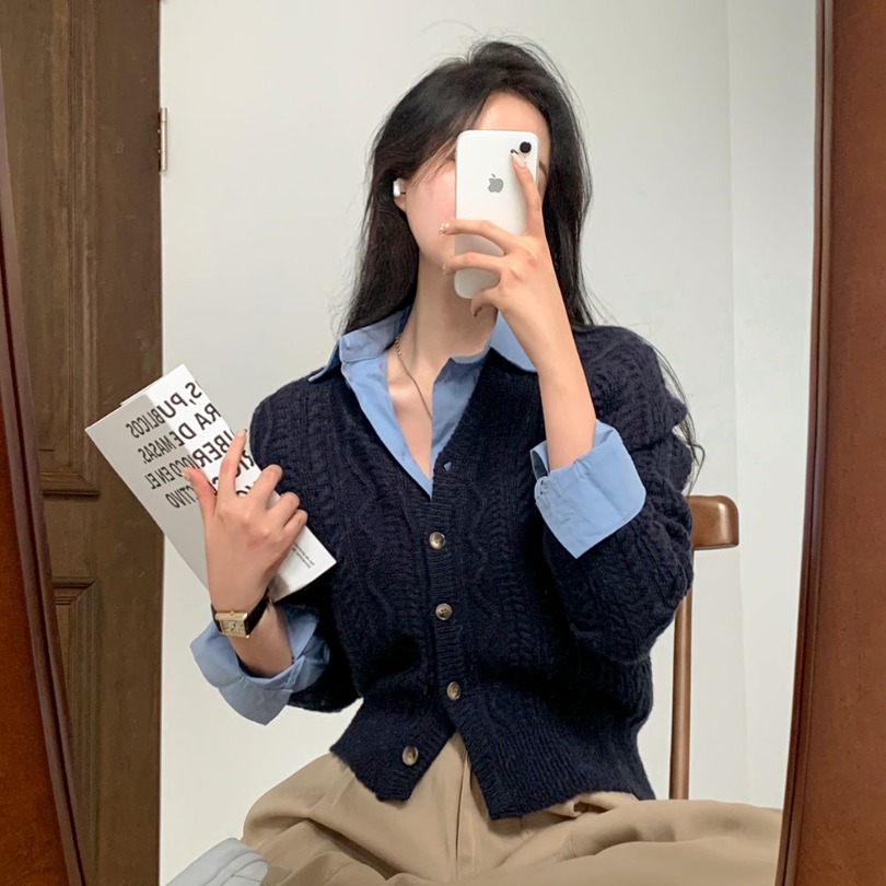 [코디set] 헤이즐넛 꽈배기 브이넥 가디건 + 포켓 크롭셔츠