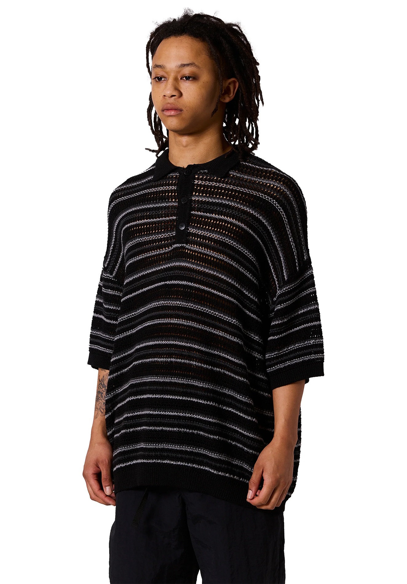 RESEARCHED KNIT POLO SS / C,L MIX YARN BORDER, BLACK