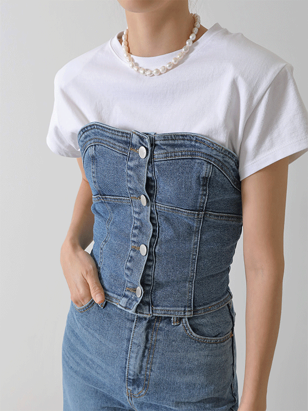 36788 Buttoned Front Denim Tube Top