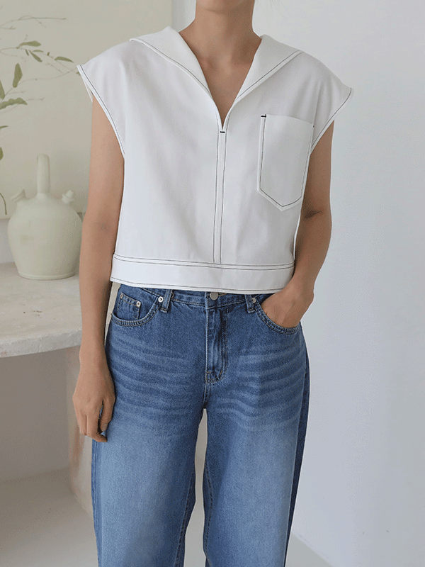 35605 Contrast Stitch Collared Blouse