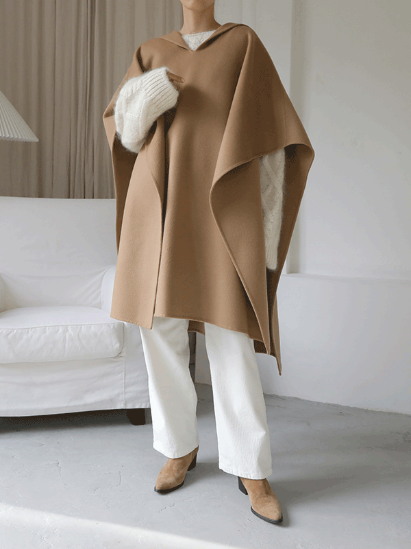 36235 Solid Tone Hooded Cape Coat