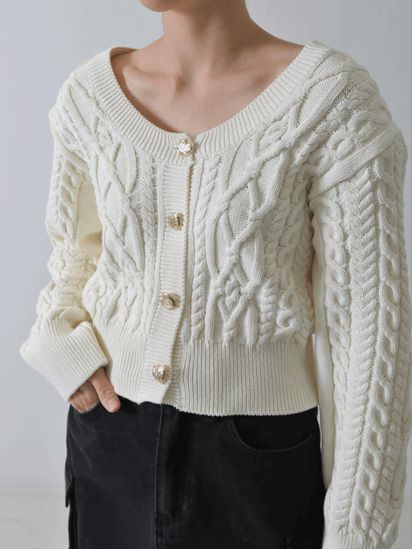 36754 Scoop Neck Mixed Knit Pattern Cardigan