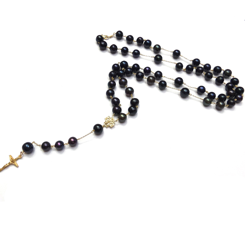Basic Layout - 14k gold rosary necklace with black pearl