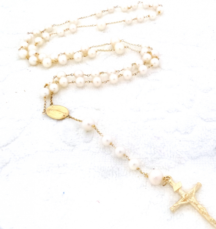 14K Gold Akoya Pearl Rosary Necklace 7mm - estherleejewel.com