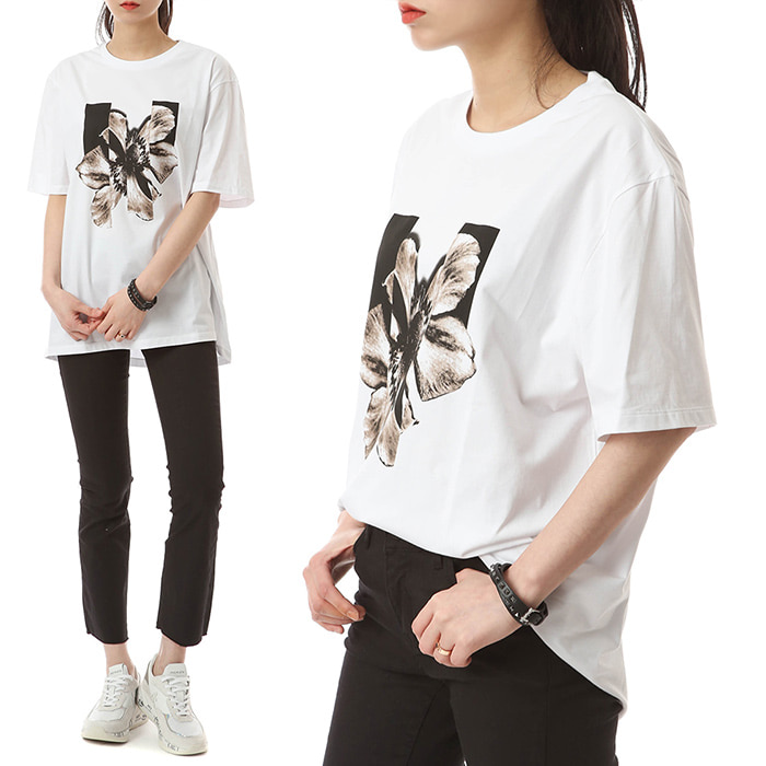 닐바렛 절개플라워 프린트 여성 라운드 티셔츠 (루즈핏-화이트+블랙)BJT511A L563S 526