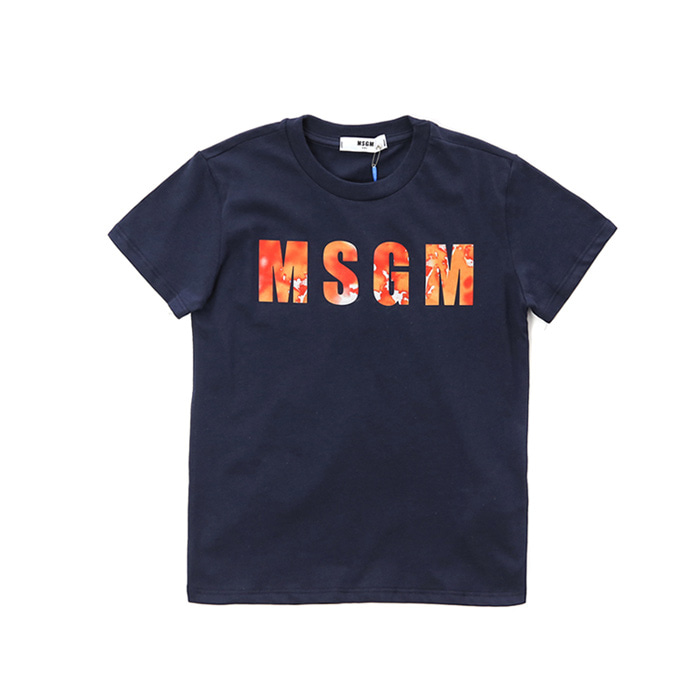 MSGM 키즈 실크 시그니처 로고패치 라운드 티셔츠 (네이비, 4세~10세)022604 060