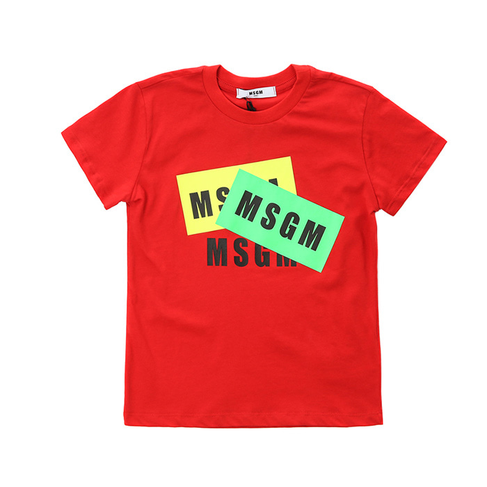 MSGM 키즈 네온 트리플로고 프린트 라운드 티셔츠 (레드, 12세~14세)022094 040