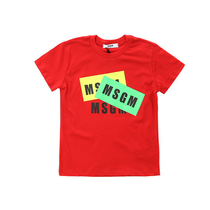 MSGM 키즈 네온 트리플로고 프린트 라운드 티셔츠 (레드, 4세~10세)022094 040