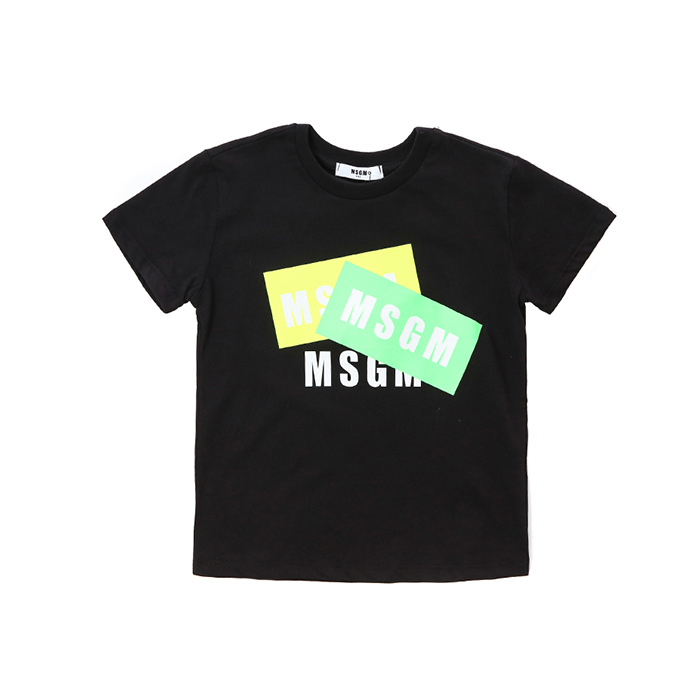 MSGM 키즈 네온 트리플로고 프린트 라운드 티셔츠 (블랙, 4세~10세)022094 110